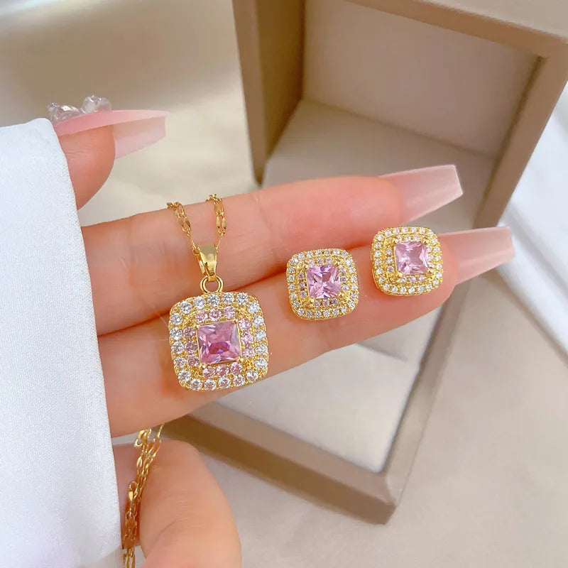 Pink Radiance Square Jewelry Set – Gold Plated Elegance