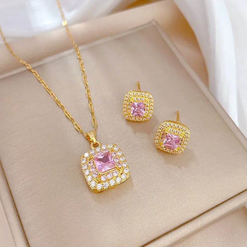 Pink Radiance Square Jewelry Set – Gold Plated Elegance
